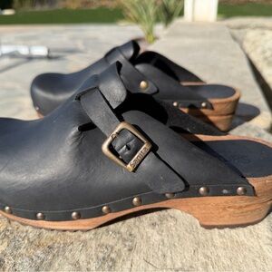 Sanita Kristel Black Leather Clog with Brown Wooden Sole